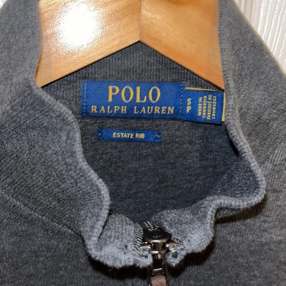 Ralph Lauren Quarter Zip White Iconic RL Logo Small Estate Rib Charcoal